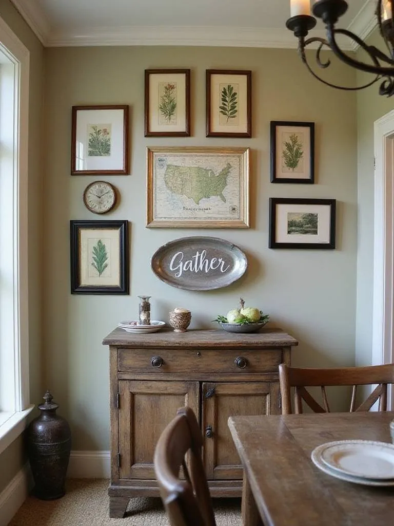 Rustic dining room wall with botanical prints, vintage map, and distressed wooden sign.