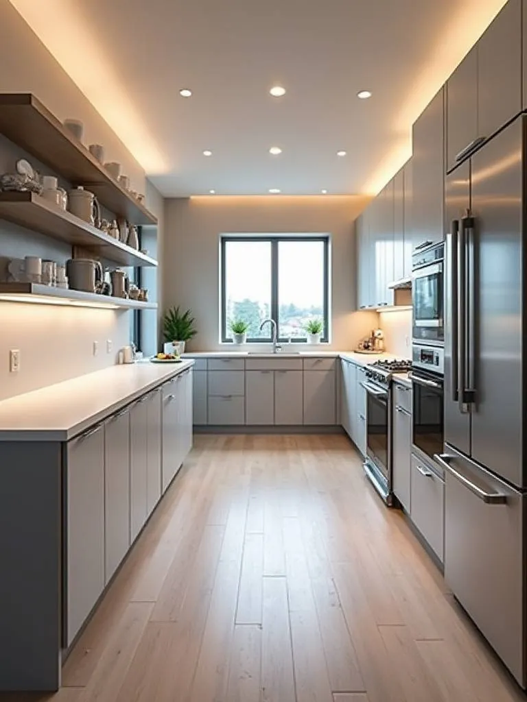 View of a modern kitchen with abundant, well-allocated countertop space on a large island and perimeter counters, illustrating a functional design.
