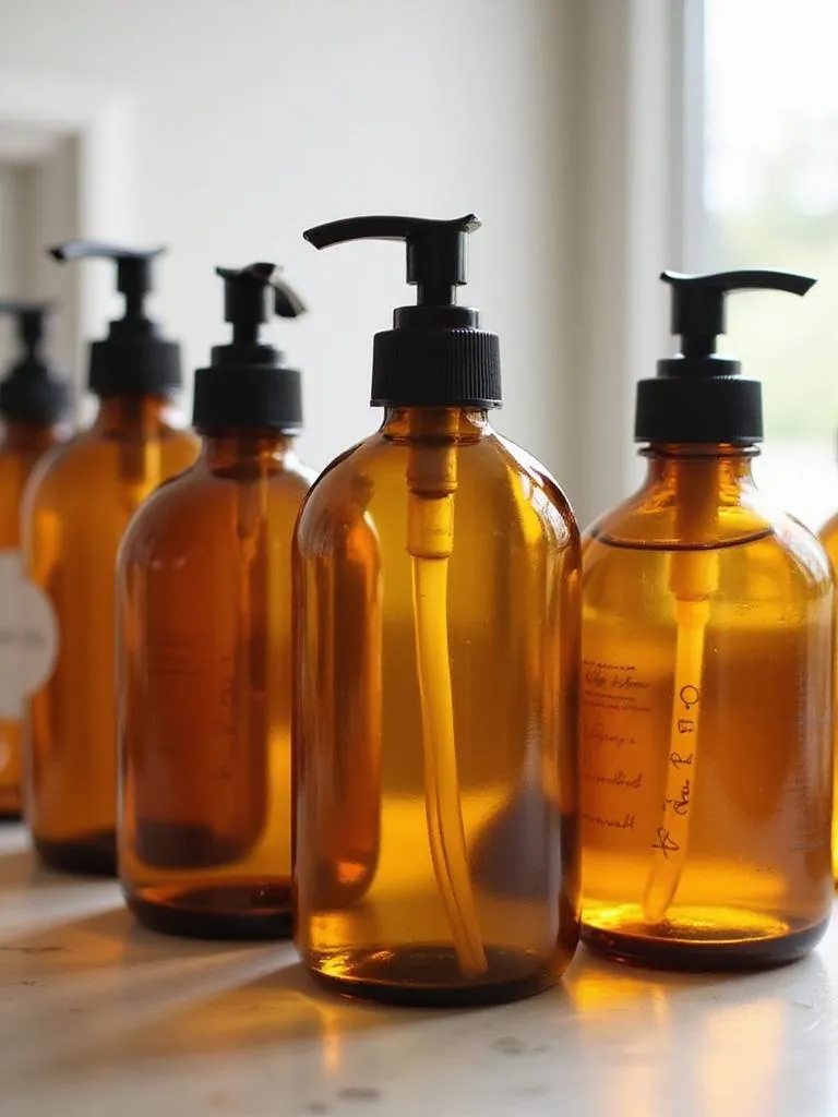 Amber glass bottles with pumps or dispensers, used for toiletries, arranged on a bathroom surface, adding a warm, apothecary feel.