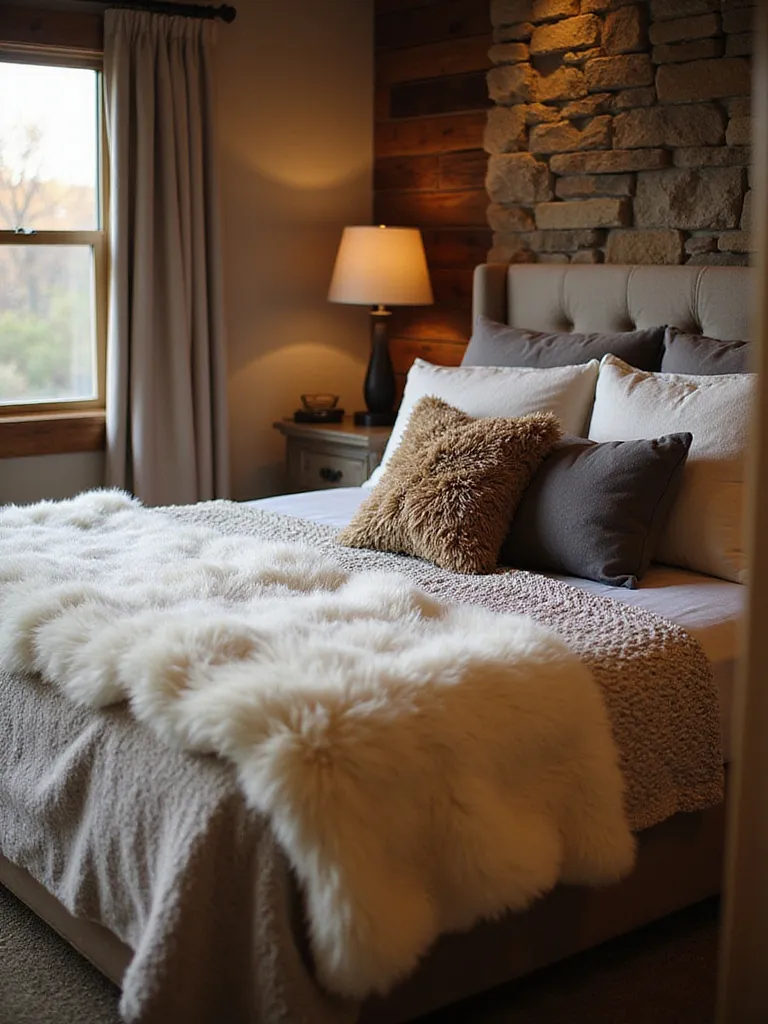 A rustic bedroom featuring a bed layered with bedding, including a plush off-white faux fur throw draped across the foot and a shaggy brown faux fur pillow among others, enhancing the cozy atmosphere.