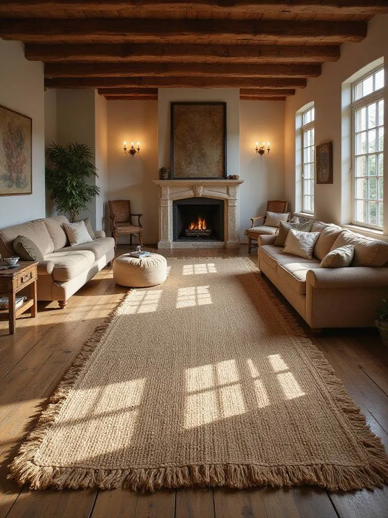 A cozy rustic living room featuring a large jute rug anchoring the seating area.