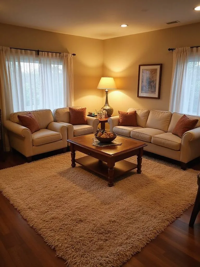A cozy living room featuring a large, plush area rug that anchors the sofa, armchairs, and coffee table, creating a defined and inviting seating area.
