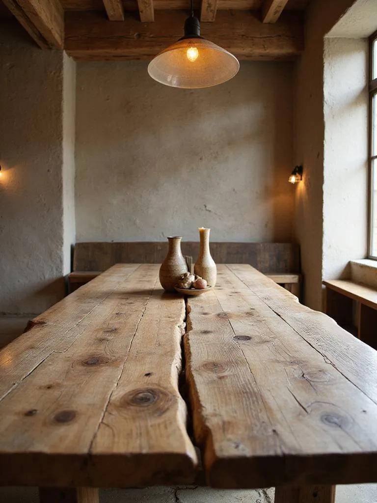 Rustic dining room featuring a sturdy reclaimed wood dining table