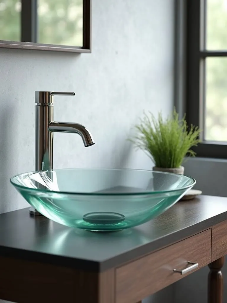 Modern bathroom featuring a clear glass basin sink on a dark wood vanity.