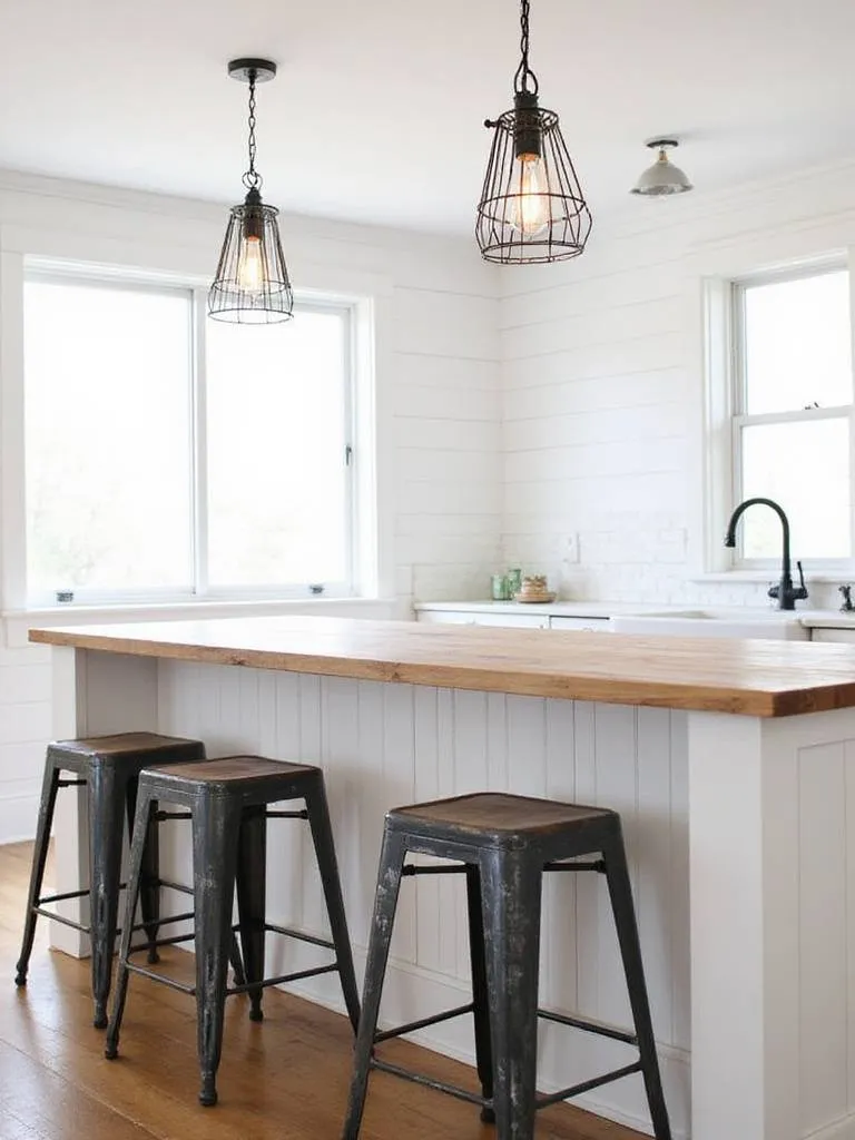 Farmhouse kitchen with a wooden island, distressed black metal bar stools, and industrial cage pendant lights.