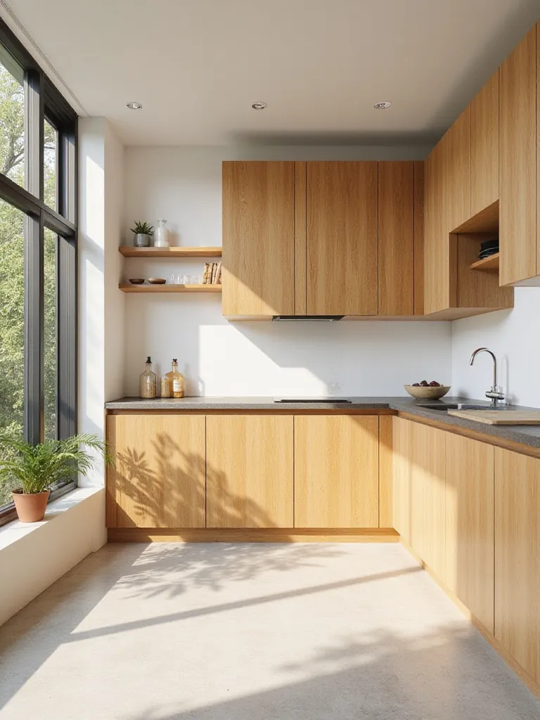 Modern kitchen featuring sustainable and durable bamboo cabinets with a warm, natural finish.
