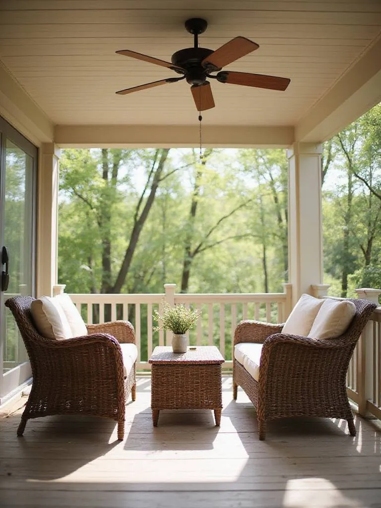 Outdoor ceiling fan providing cooling on a covered deck