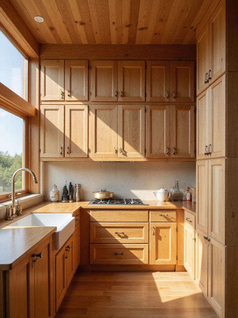 Kitchen featuring beautiful natural wood cabinets showcasing distinct grain patterns, promoting an organic and sustainable design aesthetic.