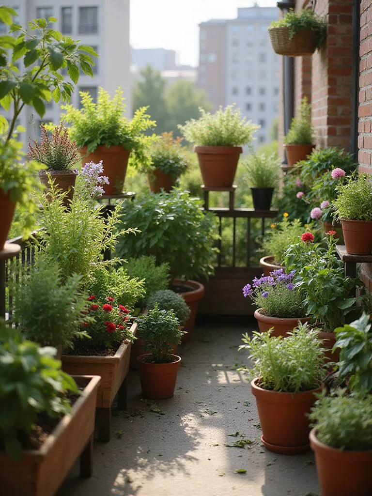 A thriving container garden on a small urban balcony, showcasing how plants can be grown in limited spaces using pots, planters, and vertical arrangements.