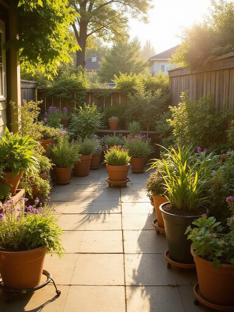 A sunny patio filled with various container gardens on wheeled caddies, demonstrating the mobility benefit of container gardening.