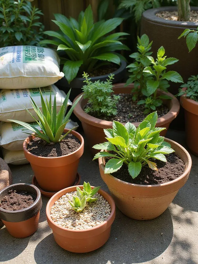 Collection of container garden pots on a patio, showcasing different soil types used for various plants like succulents, herbs, and flowers, illustrating control over soil quality.