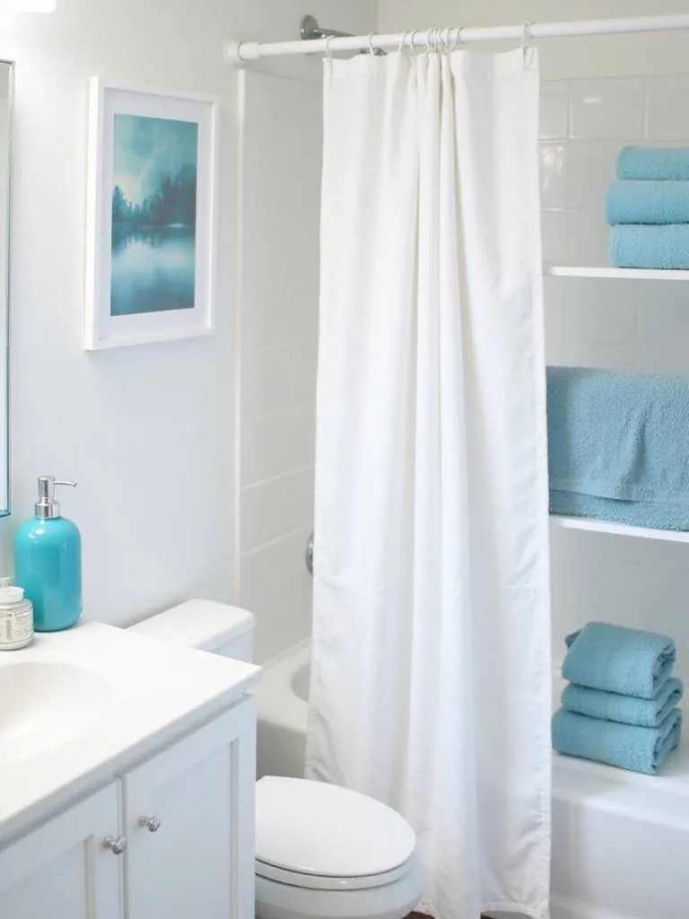 An apartment bathroom decorated in a fresh blue and white color scheme, featuring blue accessories against a white background.