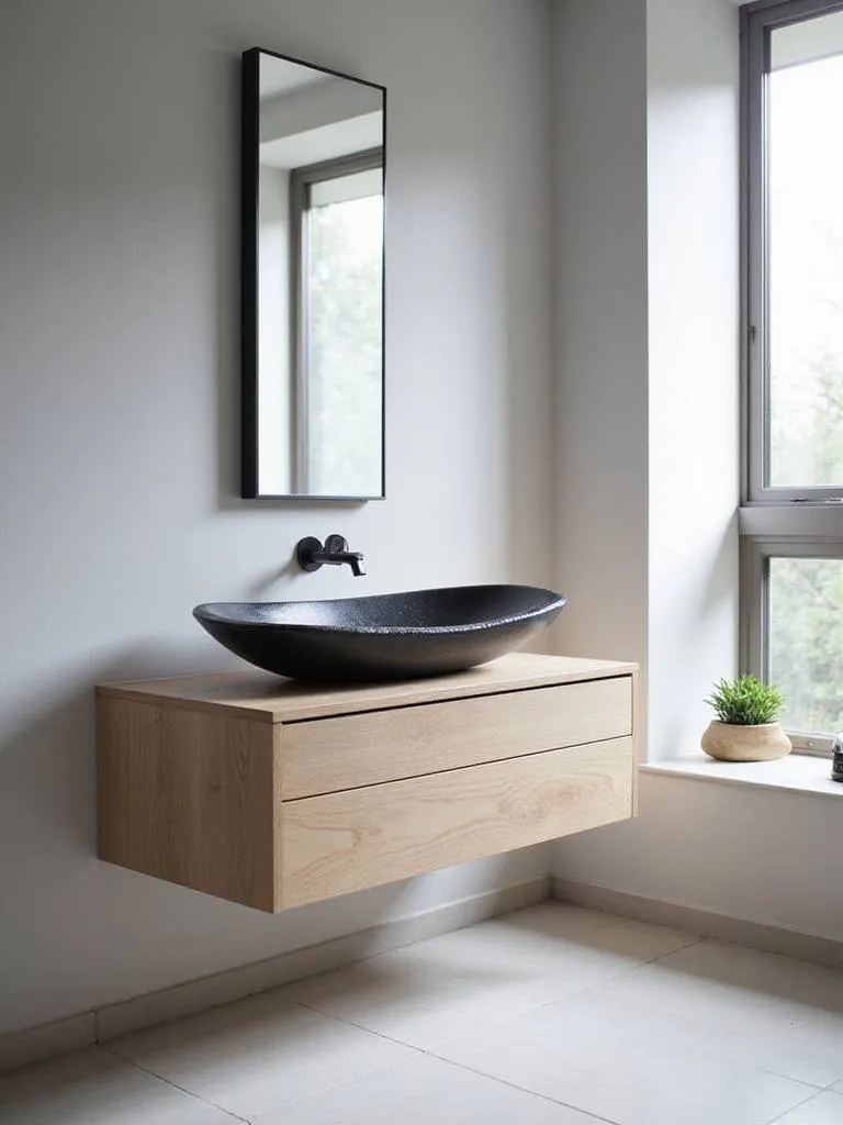 Modern bathroom with a bold, asymmetrical black stone sink.