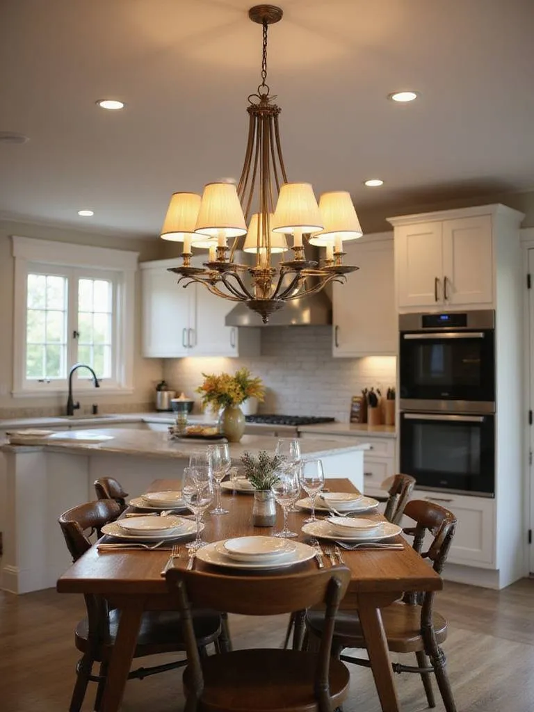 Elegant chandelier illuminating a stylish kitchen dining area