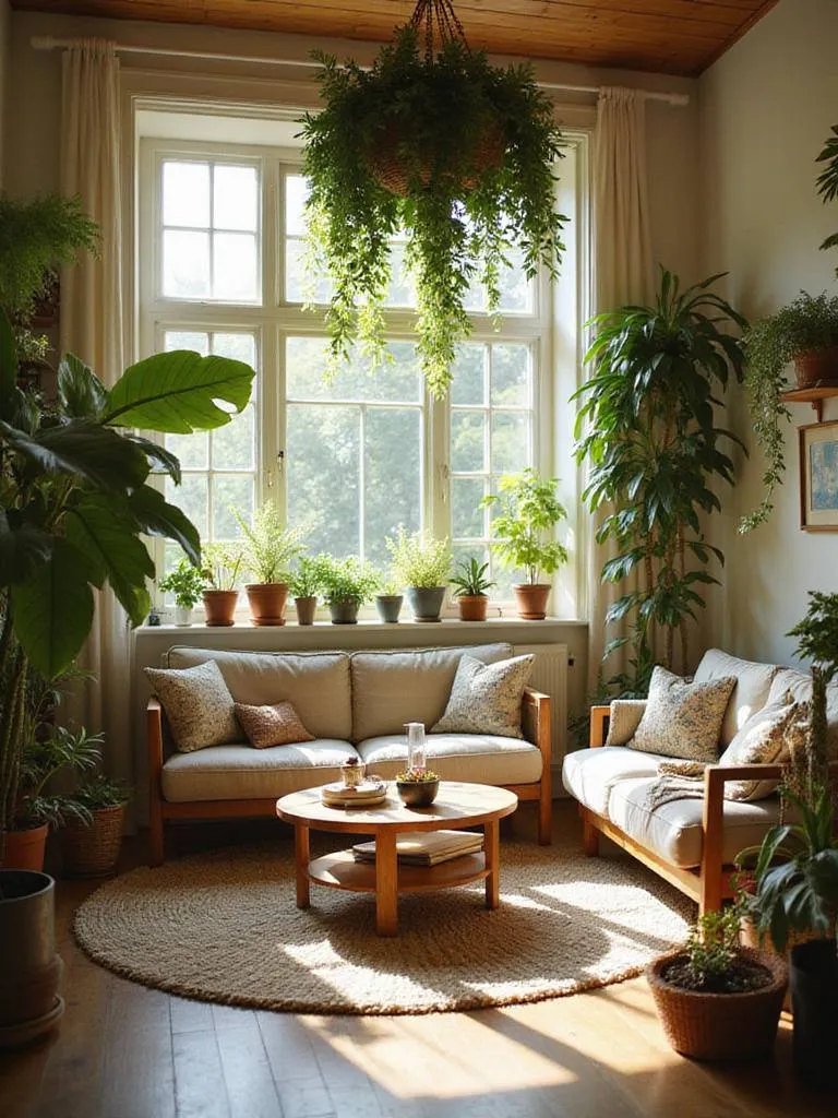 A cozy living room decorated with comfortable furniture, soft textiles, and numerous healthy indoor plants, creating a peaceful and inviting atmosphere.