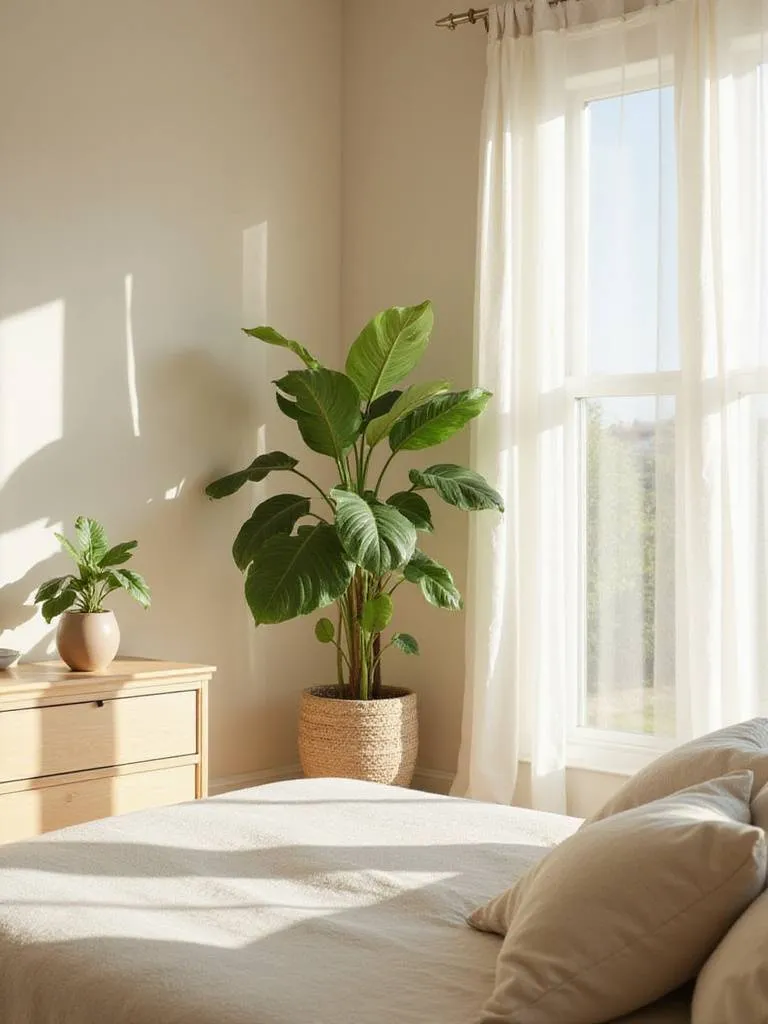 Serene beige bedroom with lush green plants adding life and calm. Features floor plant and smaller potted plants.