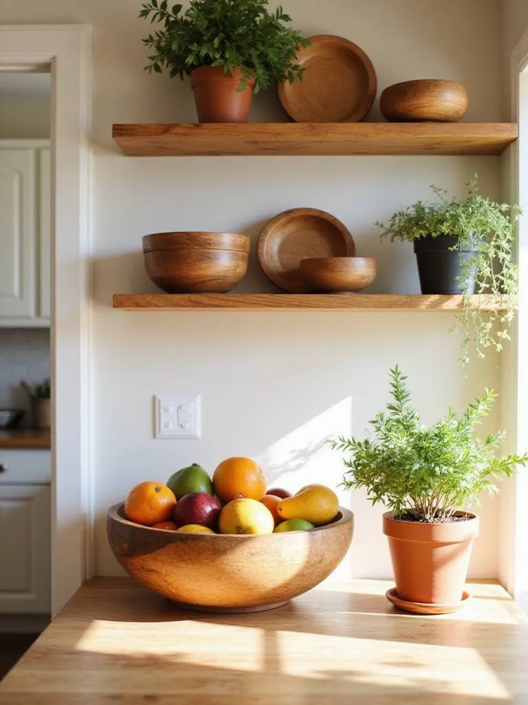 Farmhouse kitchen counter and open shelving decorated with natural elements, including a large wooden bowl filled with fruit, potted herb plants, and various wooden bowls on display.