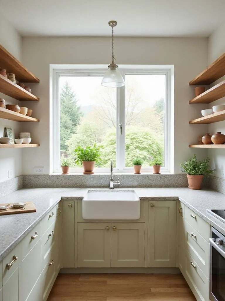 Contemporary kitchen with natural light, granite countertops, herb garden, and bamboo flooring, showcasing organic elements.