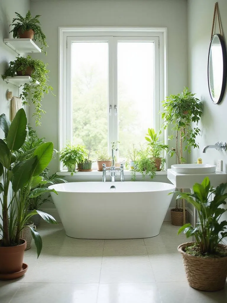 Modern bathroom decorated with various green plants on shelves, hanging, and on the floor, illuminated by natural light.