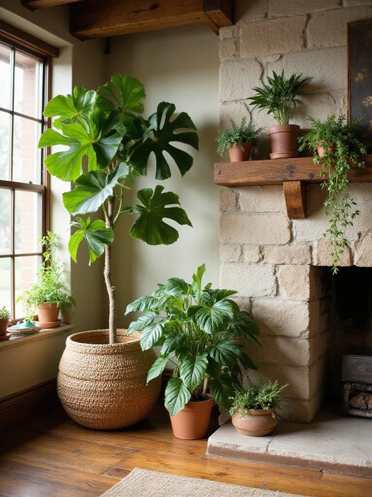Cozy rustic living room with diverse potted plants and herbs.