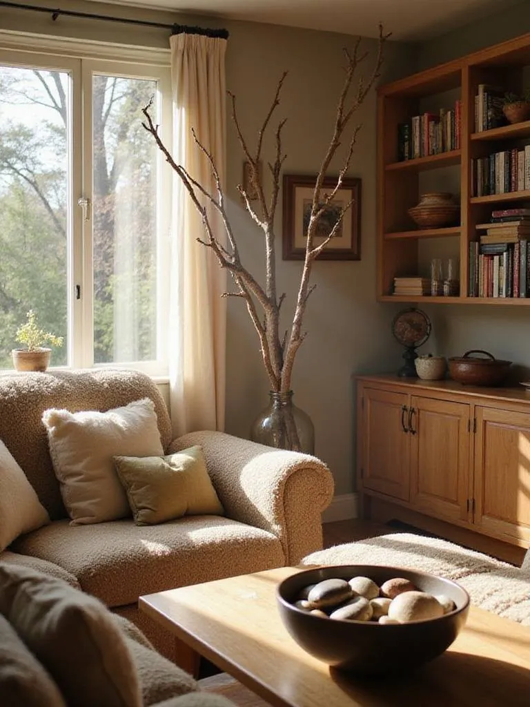 Cozy living room featuring a large floor vase with decorative branches and a bowl of smooth stones on the coffee table, bathed in warm natural light.