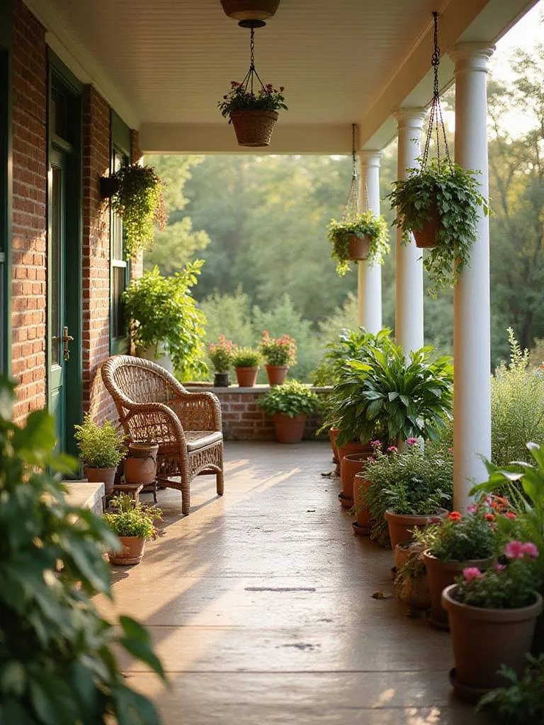 Back porch decorated with vibrant potted plants creating an outdoor oasis.