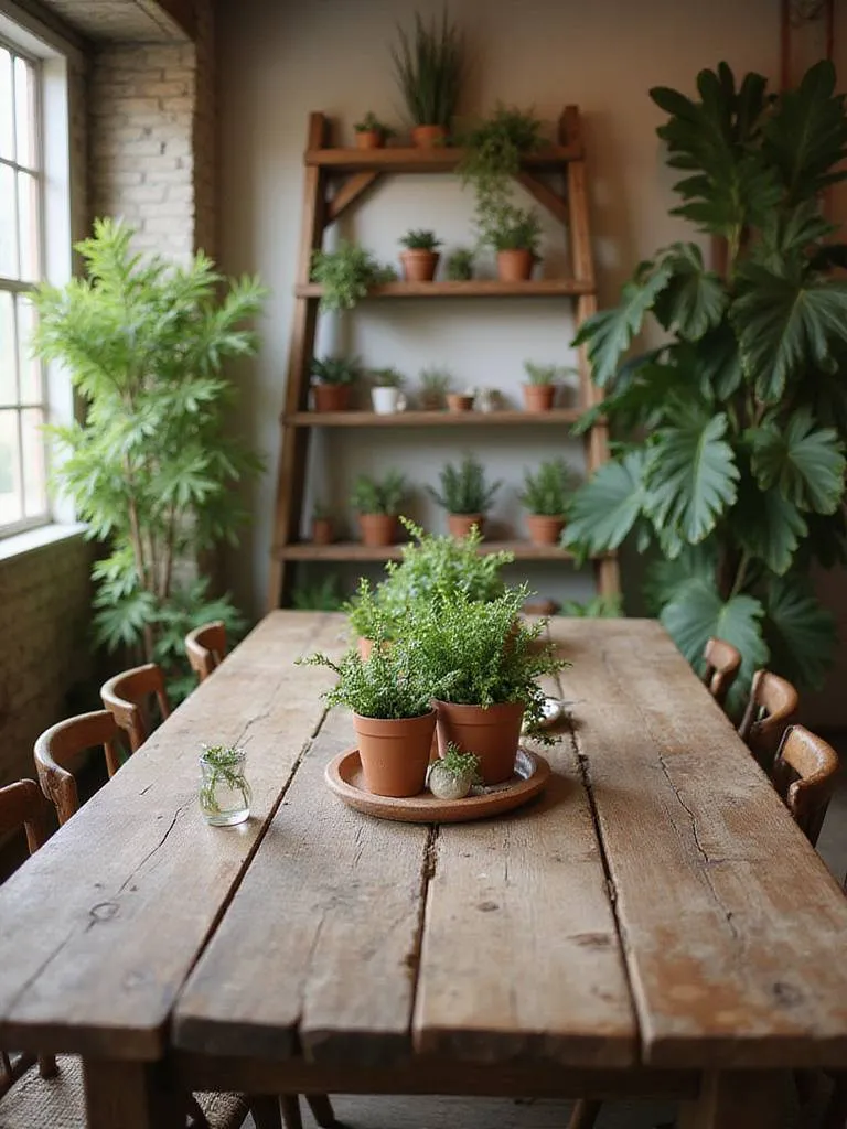 Rustic dining room with simple greenery centerpiece and potted plants.