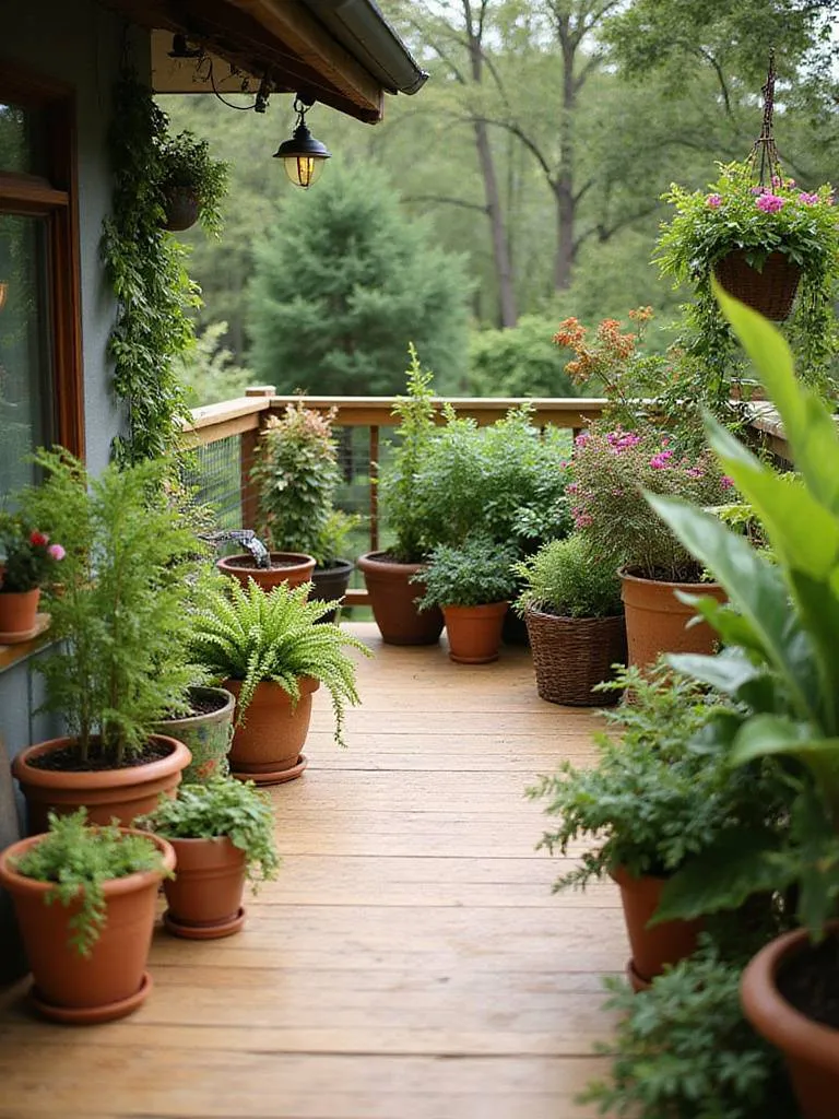 Deck decorated with potted plants and greenery, creating a relaxing outdoor living space