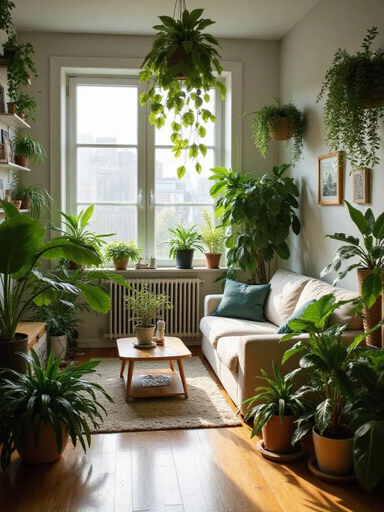 A modern apartment living room decorated with a variety of green plants, including floor plants, shelf plants, and hanging plants, creating a lush, natural, and inviting atmosphere with soft natural light.