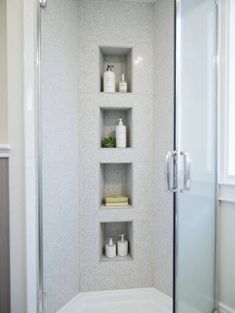 Small bathroom shower with tiled niche storage for toiletries