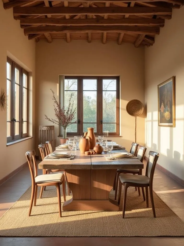 Cozy rustic dining room with warm beige walls, wooden table, and jute rug, showcasing an earthy color palette.