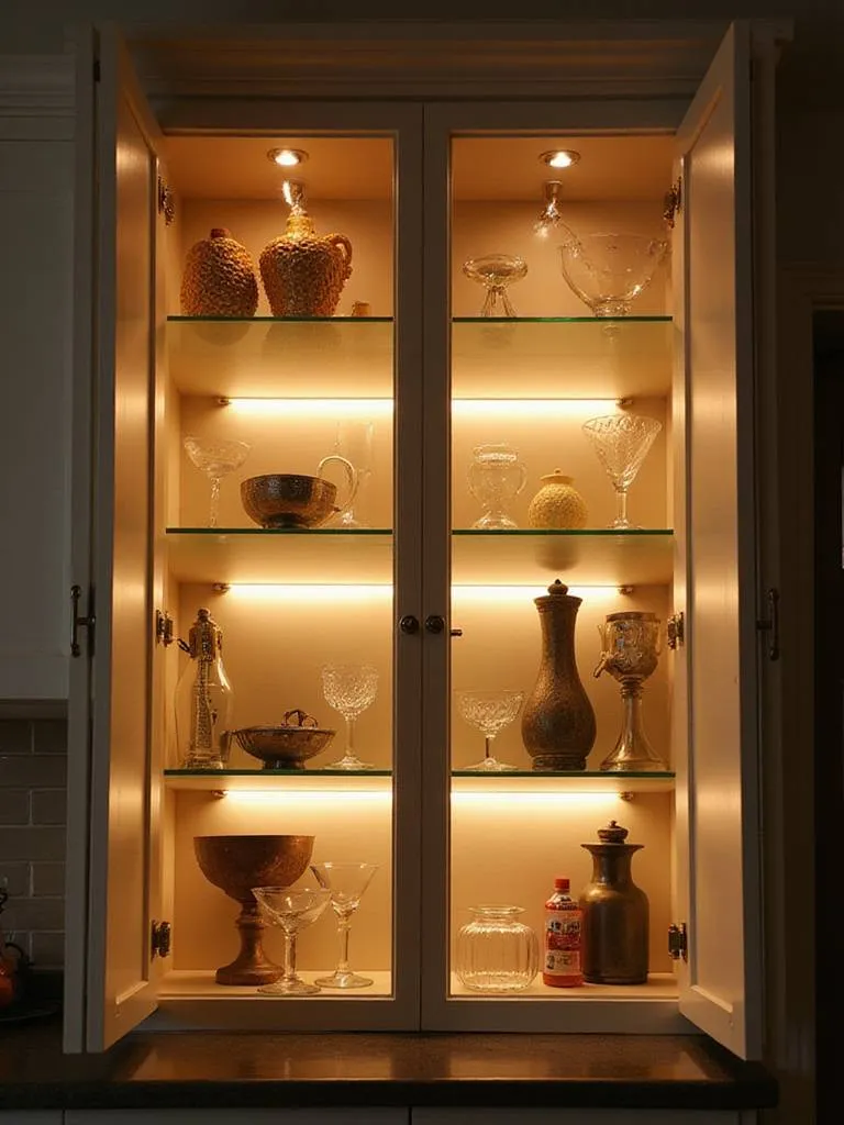 Professional kitchen cabinet interior lit with LED strip lighting