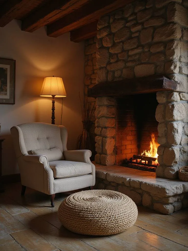Cozy rustic living room featuring a braided jute pouf placed in front of a comfortable armchair by a stone fireplace.