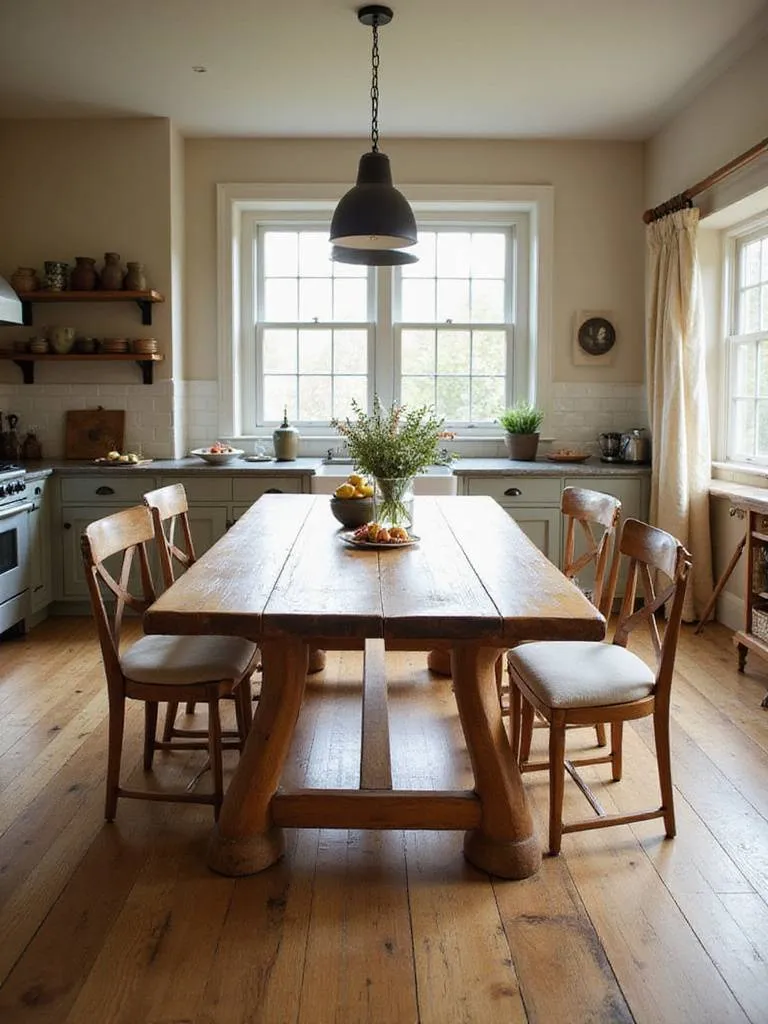 A large wooden farmhouse table serves as the centerpiece of a cozy rustic kitchen, surrounded by mixed seating and bathed in soft natural light.