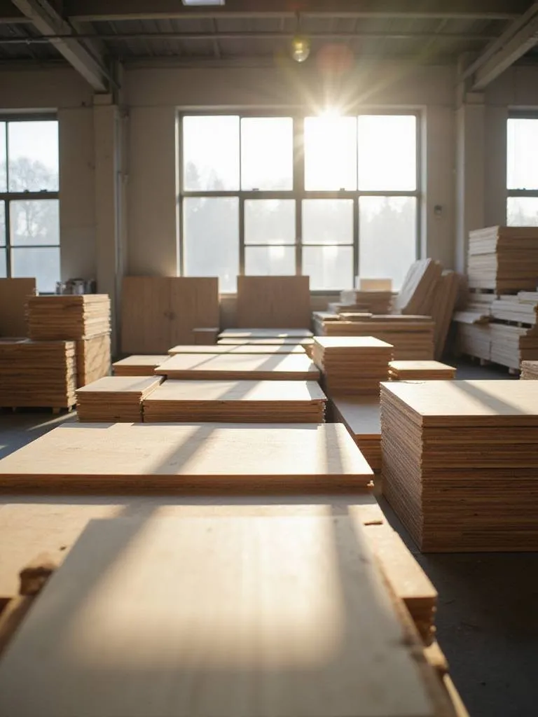 Modern kitchen cabinet facility showing stacks of wood materials under bright natural light, with subtle hints of sustainability certifications.