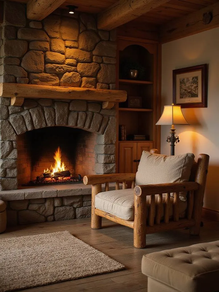 Chunky log armchair beside a stone fireplace in a cozy rustic living room