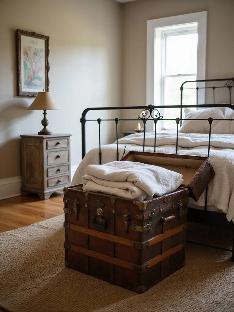 Vintage steamer trunk at the foot of a bed adding decorative storage to a bedroom.