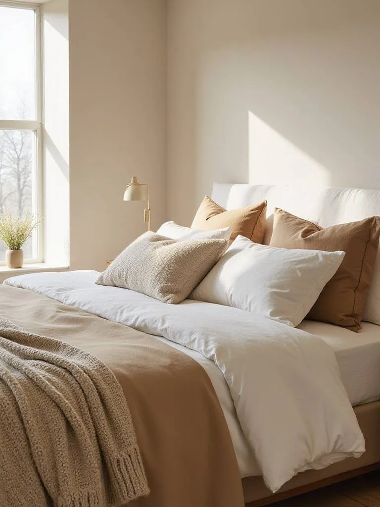 Bedroom bed with layered beige bedding in various hues and textures under soft natural light.