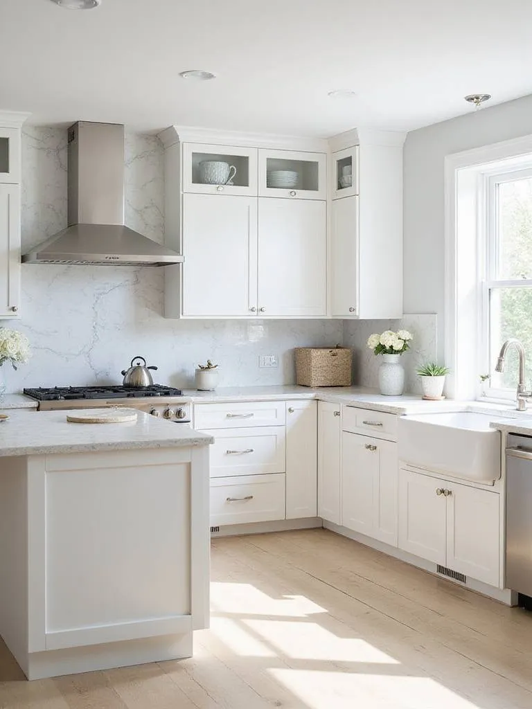 Contemporary kitchen with large-format quartz backsplash