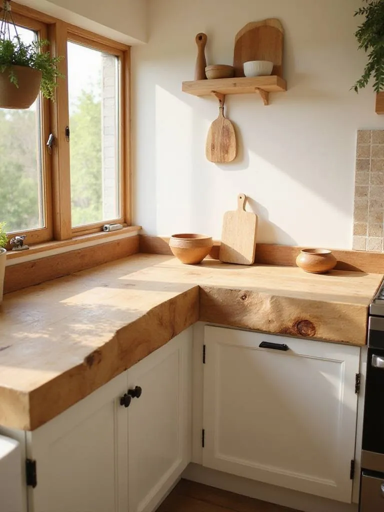 Cozy farmhouse kitchen featuring warm wood butcher block countertops paired with white cabinetry.