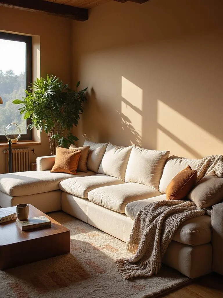 Large, deep cream sectional sofa overflowing with cozy pillows and blankets in a warm, inviting living room.