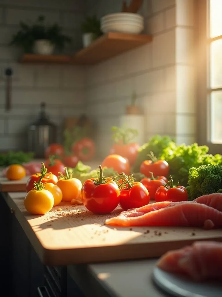 Professional kitchen scene highlighting vibrant colors of fresh ingredients under optimal lighting.