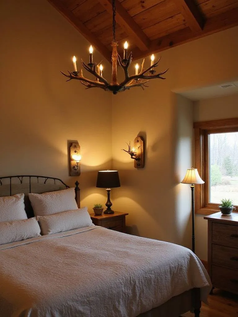 Rustic bedroom illuminated by an antler chandelier, barnwood and metal wall sconces, and a metal floor lamp, creating a cozy and warm atmosphere.
