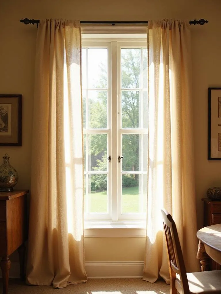 Rustic dining room with simple linen curtains.