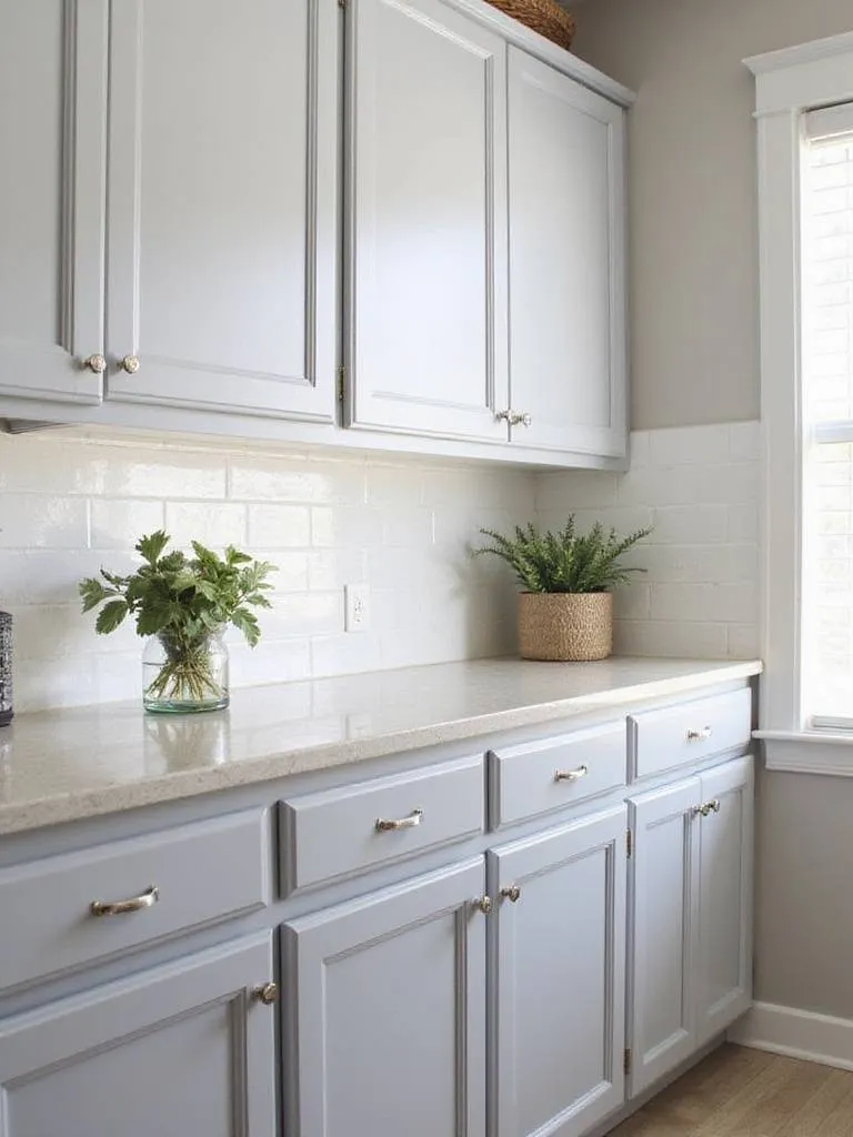 Renovated kitchen with freshly painted cabinets in modern gray