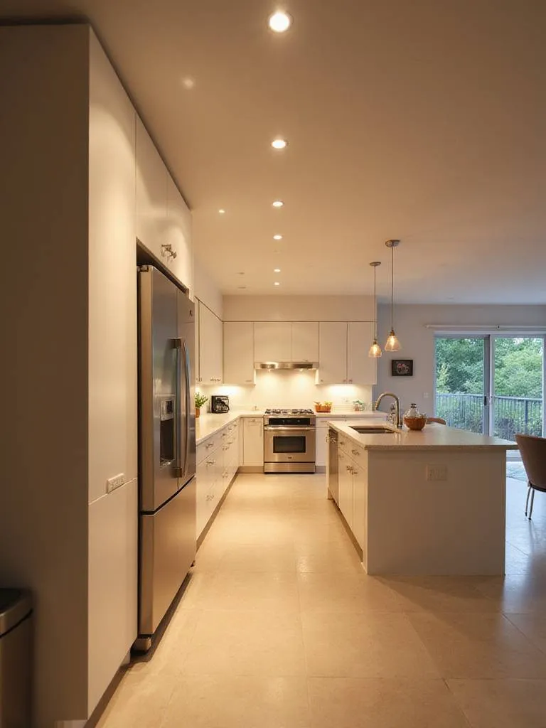 A modern kitchen with bright ambient lighting showcasing recessed lights and a warm atmosphere.