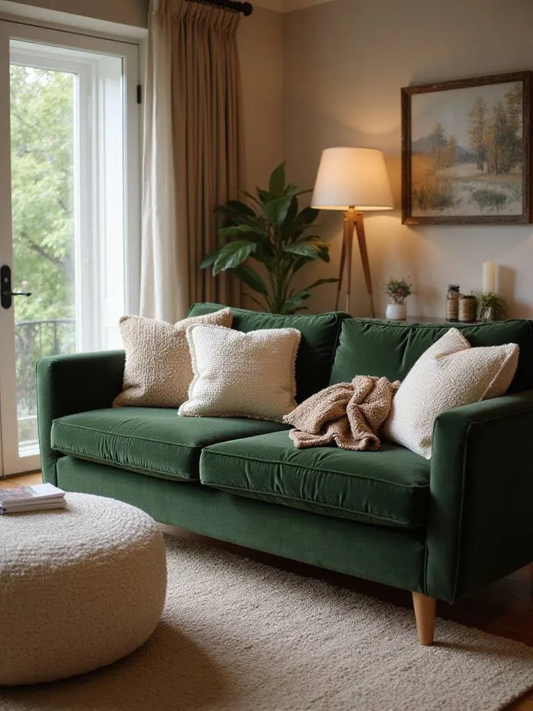 Cozy living room featuring a green velvet sofa, cream chenille and boucle pillows, and a boucle ottoman, bathed in soft, warm light.