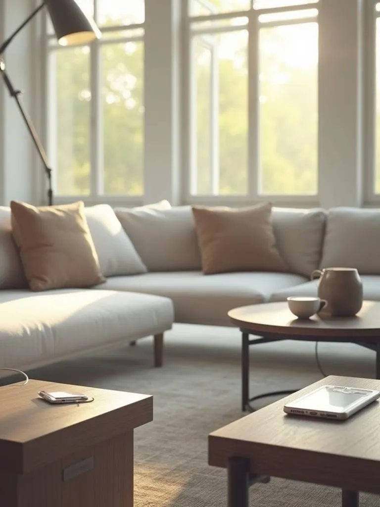 Modern living room with a sectional sofa, end table, and coffee table, showcasing furniture with integrated wireless and USB charging ports for devices.
