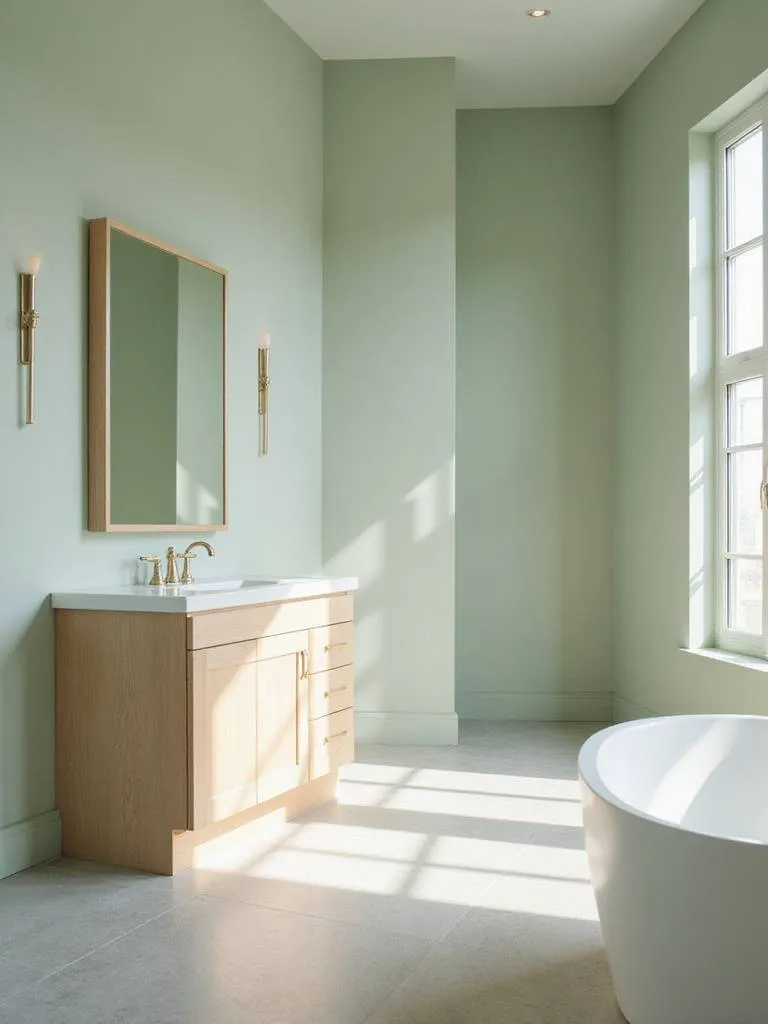 Modern bathroom featuring soft sage green walls, a light wood vanity, and grey tile floor, creating a calming, spa-like atmosphere.