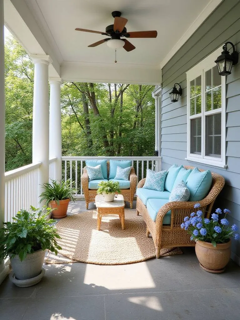 Back porch decorated with a cohesive light blue and cream color palette for a relaxing outdoor oasis.